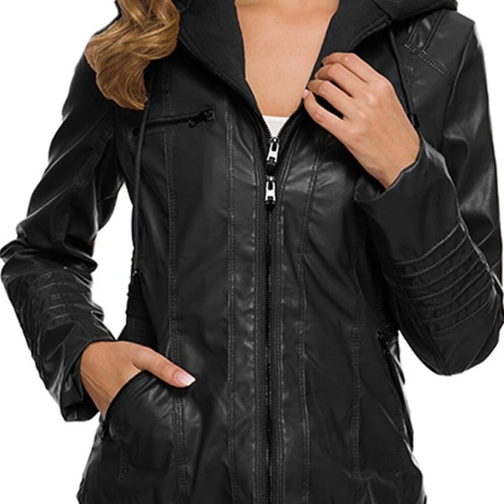 Women's large hooded leather jacket NWOT